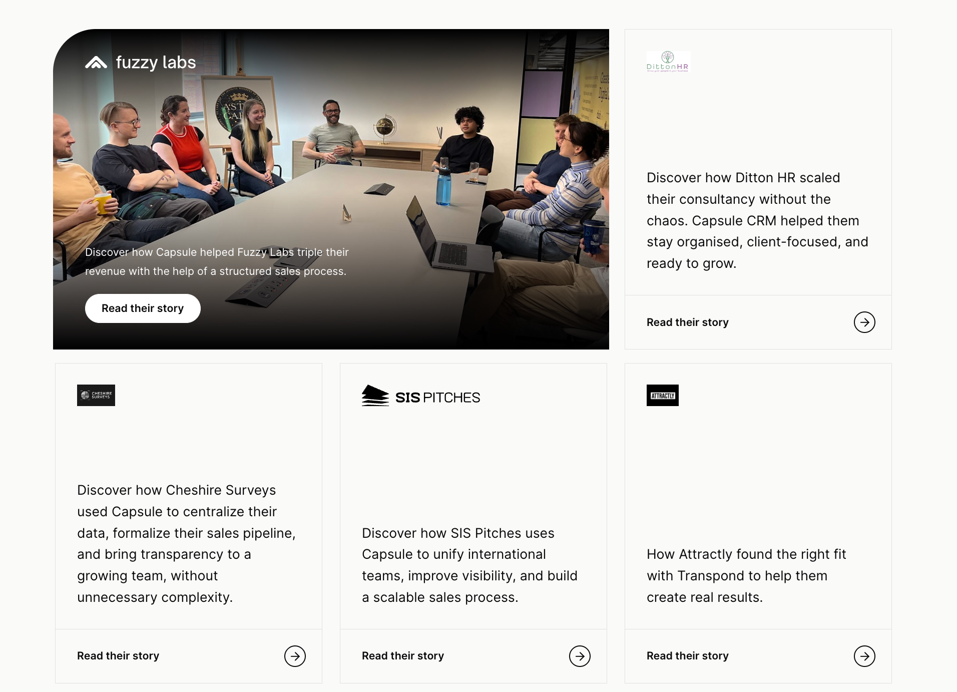 Webpage displaying multiple customer success stories.