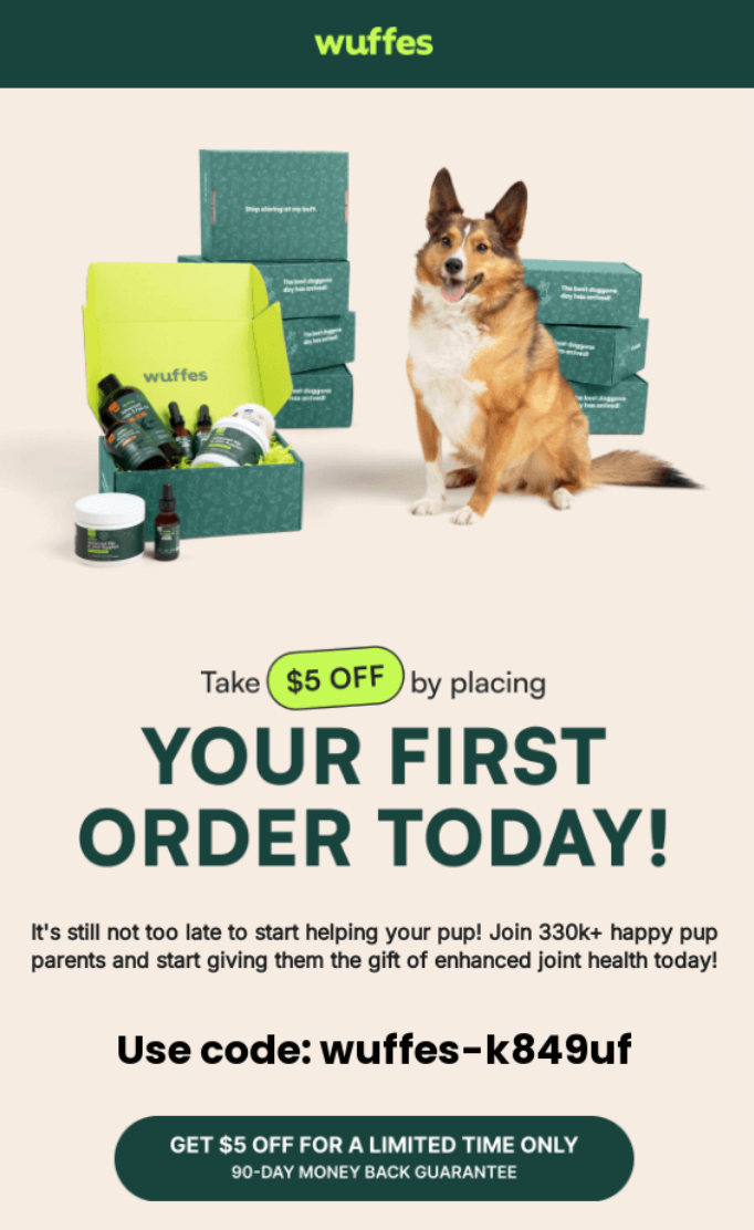 Promotional image featuring a dog and Wuffes joint supplements with a $5 off code for first orders.