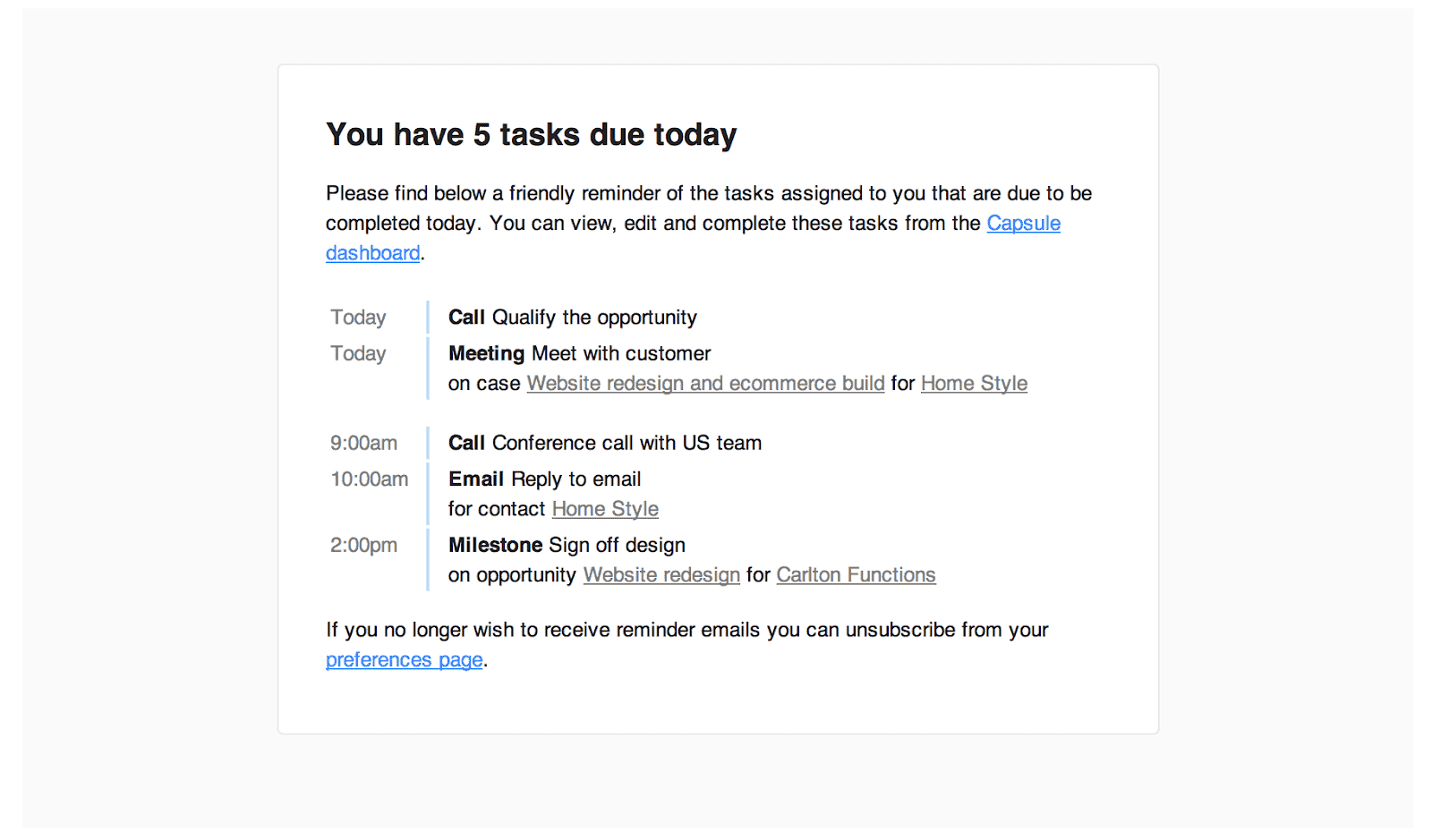 a screenshot of Capsule's tasks feature showing different calls and meetings for the users to make and attend.
