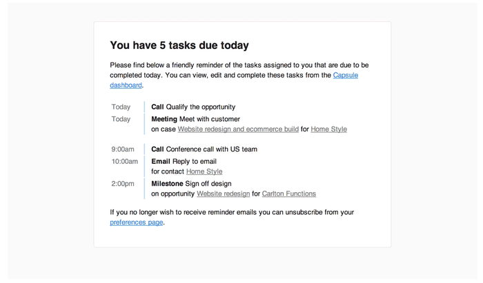 a screenshot of Capsule's tasks feature showing different calls and meetings for the users to make and attend.