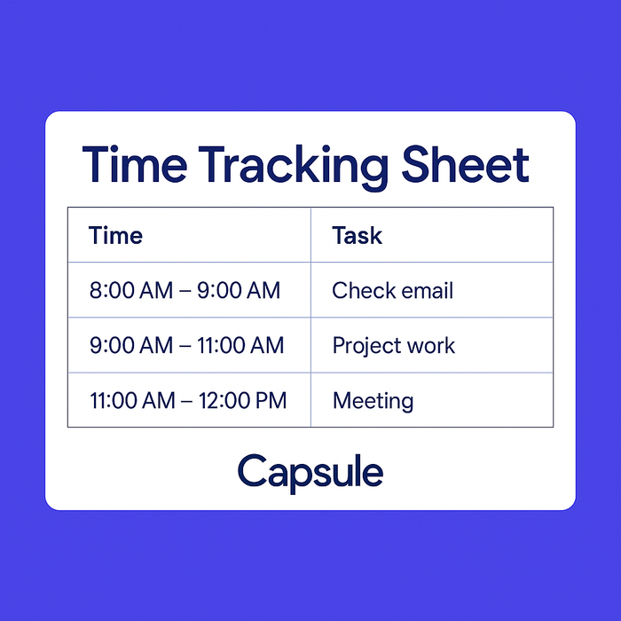 A blue and white time tracking sheet for Capsule.
