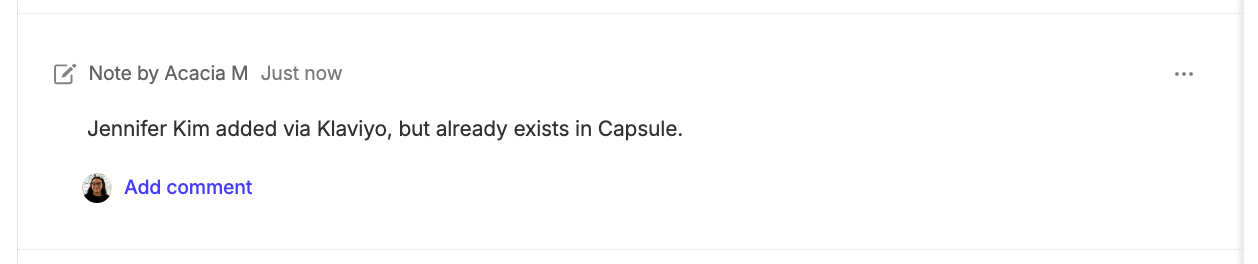 note added to existing contact in capsule via klaviyo make automation