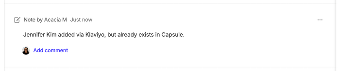 nota adicionada ao contato existente no Capsule via automação do Klaviyo