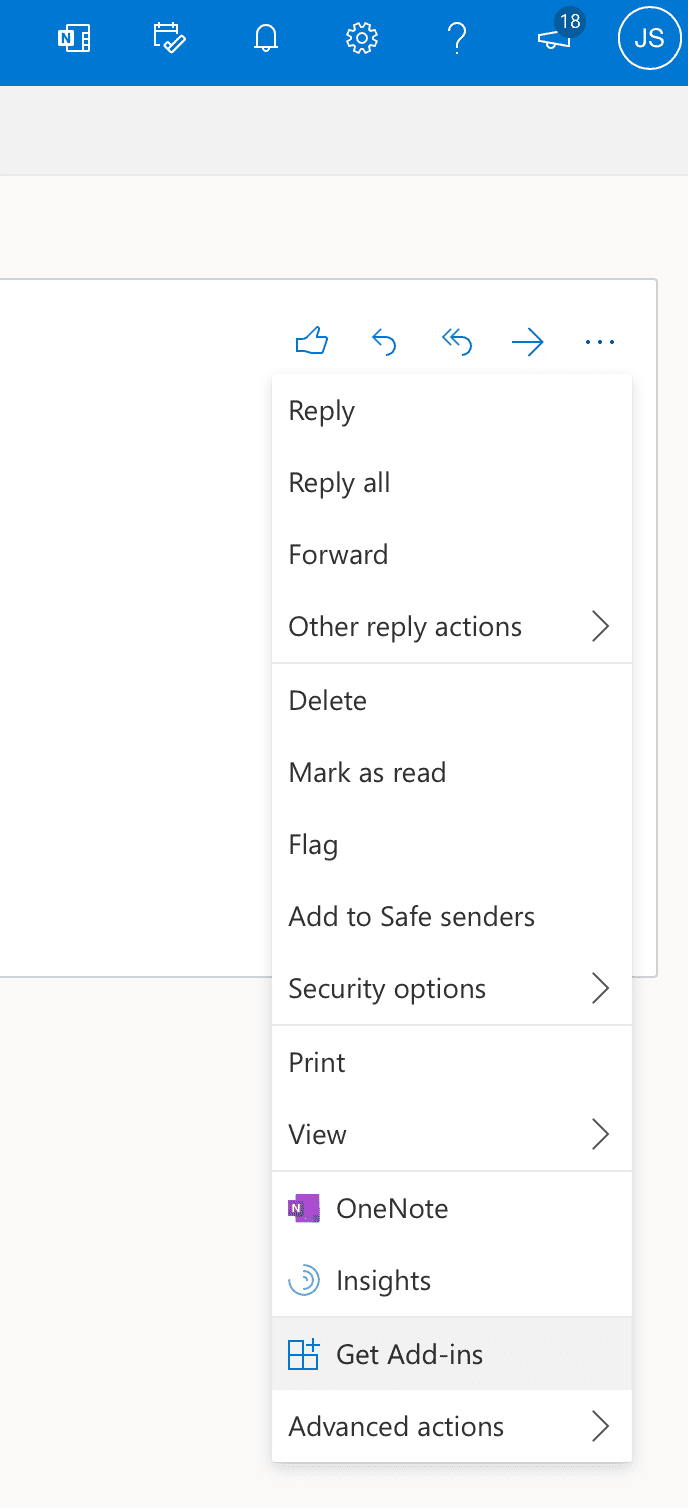 Menu de mais ações no email, mostrando a opção de Obter Complementos