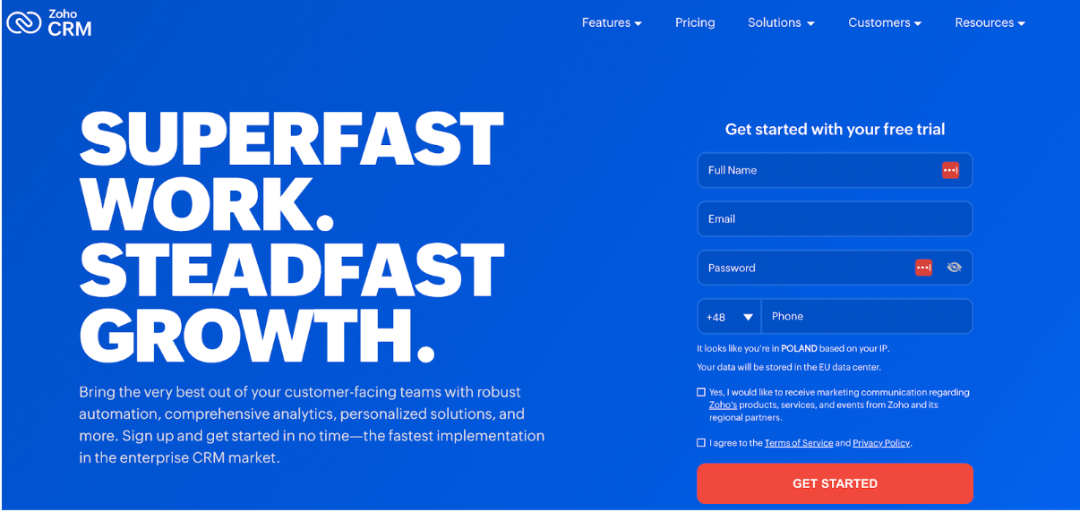 Zoho homepage 