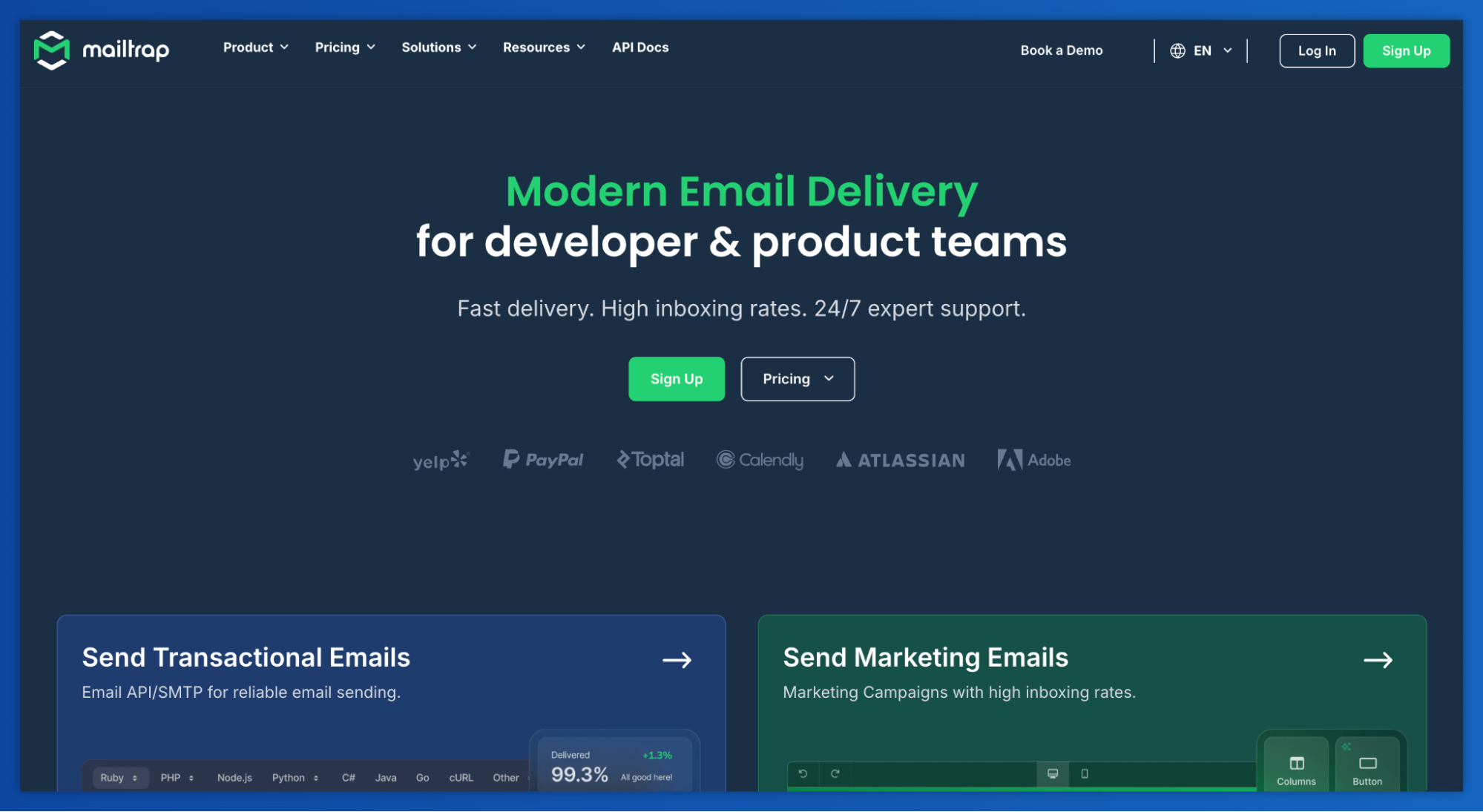 Mailtrap homepage, a modern email delivery platform.