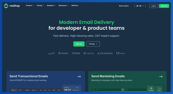 Mailtrap homepage, a modern email delivery platform.