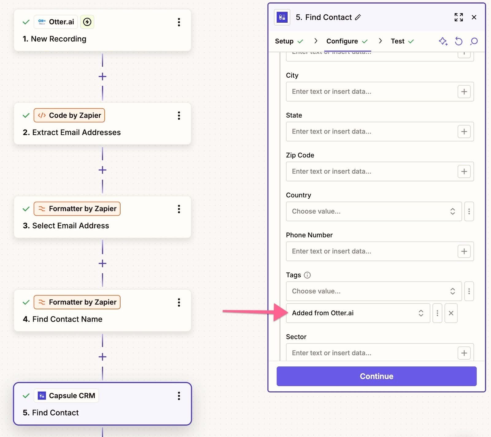 adding tag to find contact step in zapier