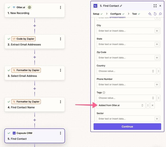 adding tag to find contact step in zapier