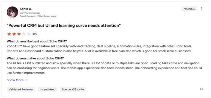 a screenshot of a review for zoho crm