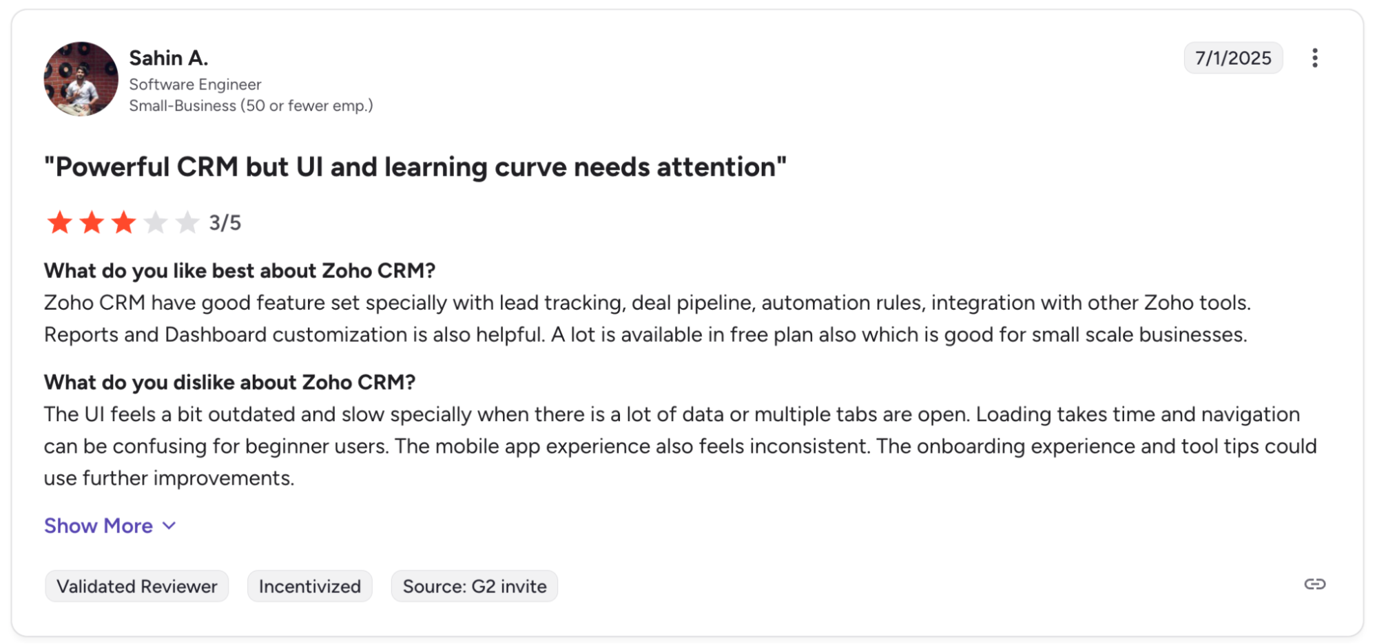 a screenshot of a review for zoho crm