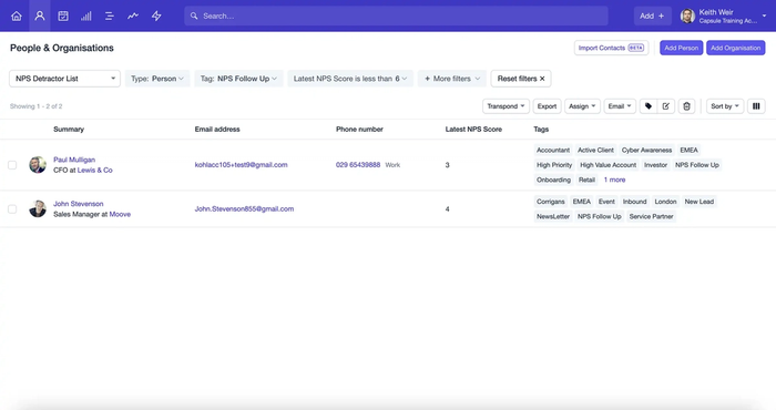 Screenshot of the Capsule userface. The client uses dynamic list filters to filter by NPS score and improve relations with poorer scoring customers.