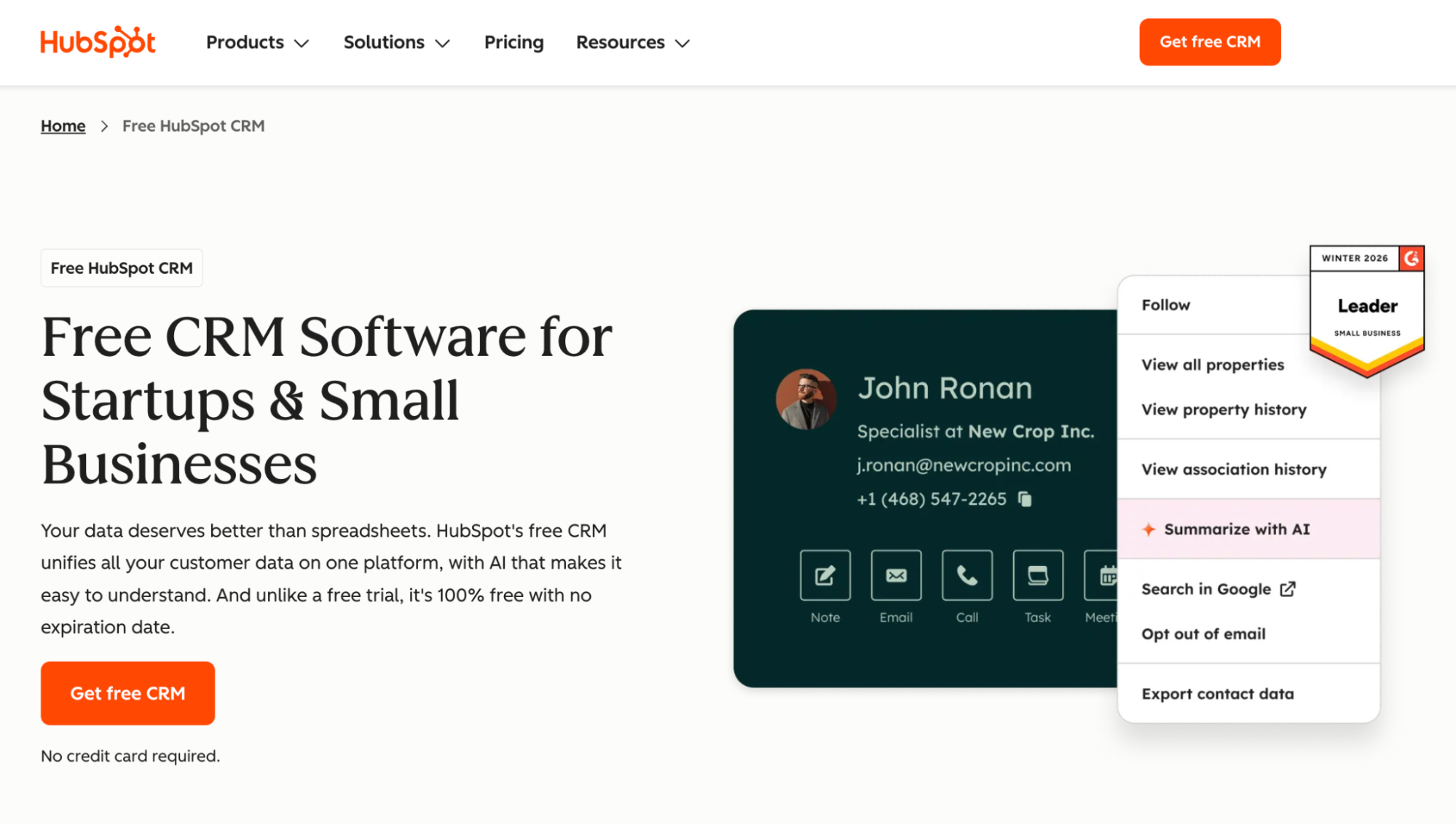 HubSpot webpage promoting free CRM software for startups, showing a contact profile card with a menu highlighting "Summarize with AI."
