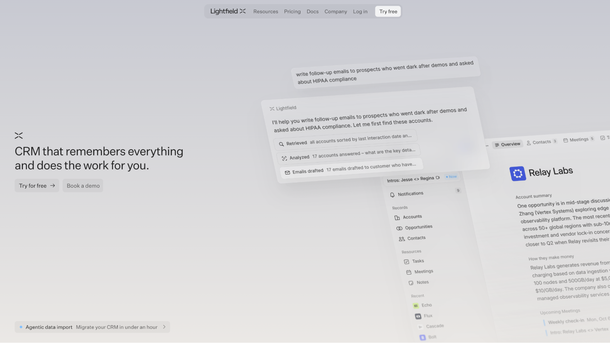 Lightfield CRM interface showcasing AI-powered features for customer management and task automation.