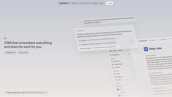 Lightfield CRM interface showcasing AI-powered features for customer management and task automation.