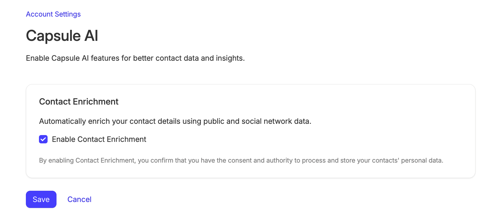 Enriquecimiento de personas habilitado en la configuración de la cuenta
