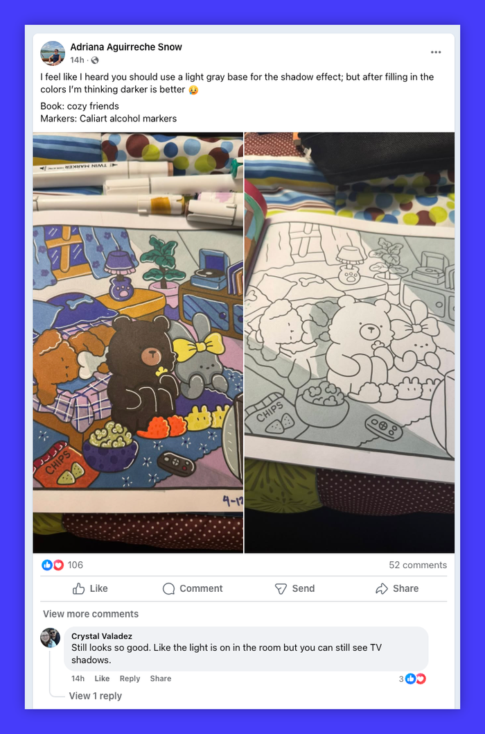 Facebook post about adult coloring.