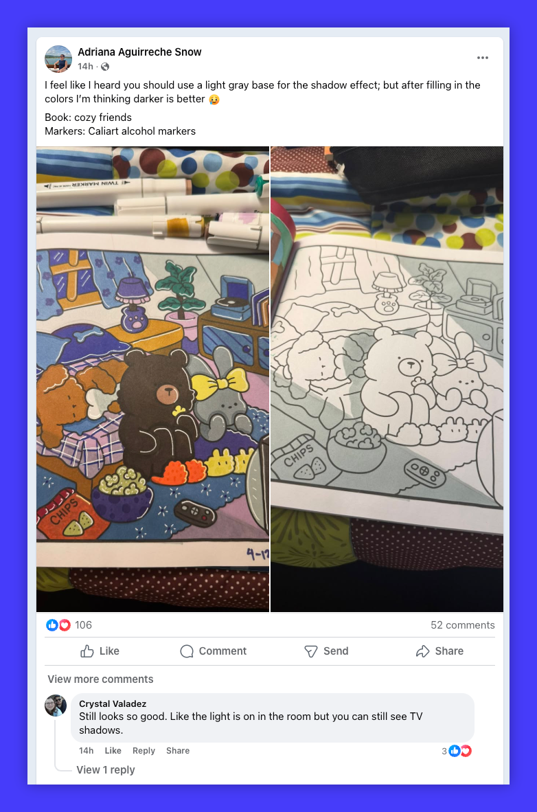 Facebook post about adult coloring.