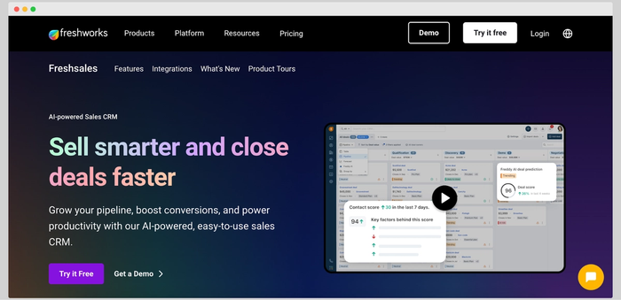 Freshsales homepage featuring AI-powered sales CRM with the headline ‘Sell smarter and close deals faster.’