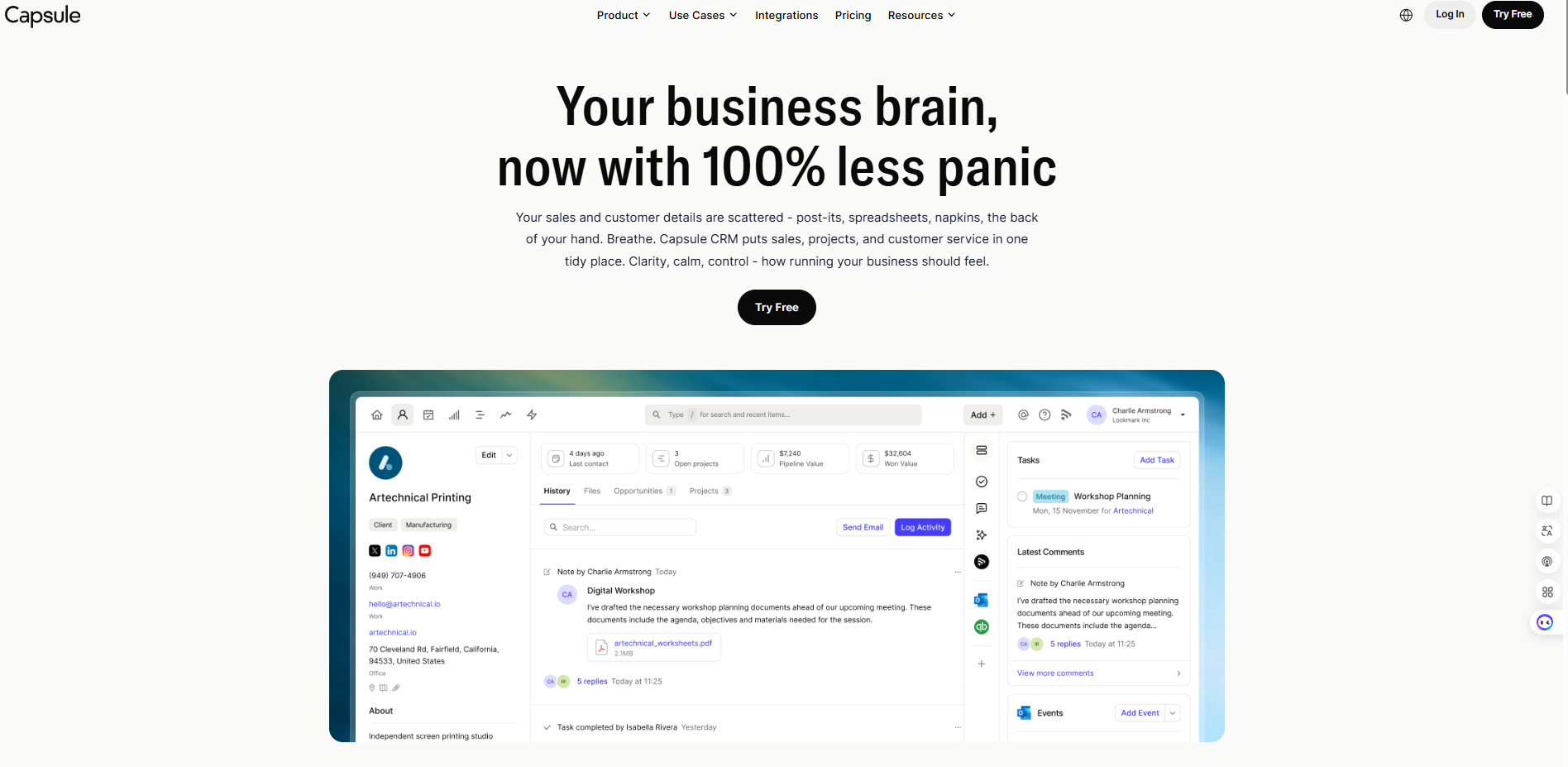 Capsule CRM homepage featuring the headline "Your business brain, now with 100% less panic" and a screenshot of its interface managing customer details and tasks.