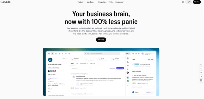 Capsule CRM homepage featuring the headline "Your business brain, now with 100% less panic" and a screenshot of its interface managing customer details and tasks.