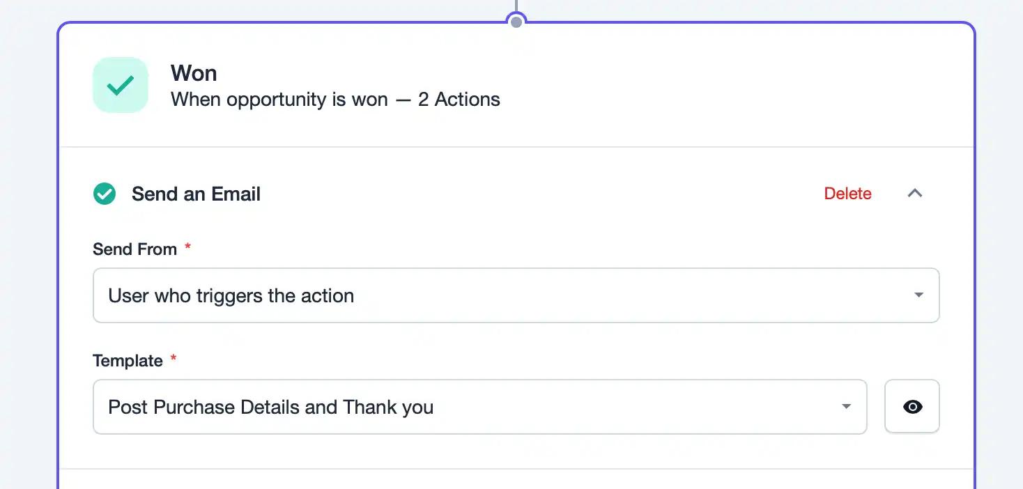 A screenshot of a workflow automation for sending an email using a template