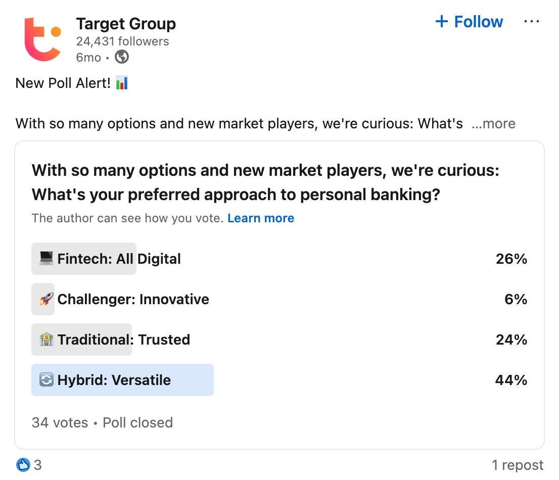 a linkedin page for target group has a new poll alert