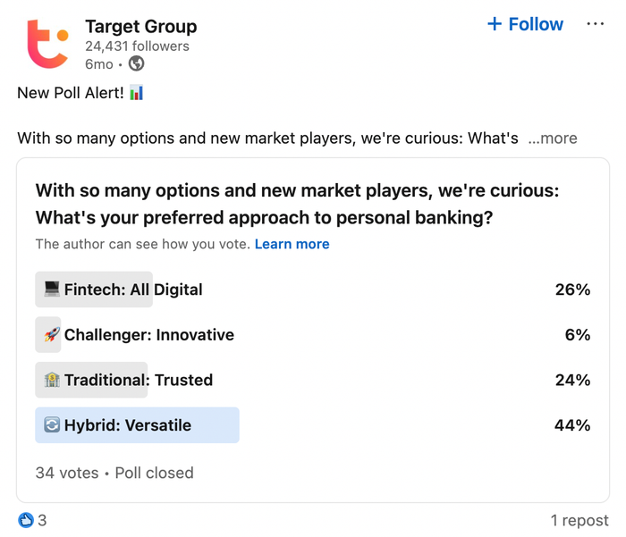 a linkedin page for target group has a new poll alert