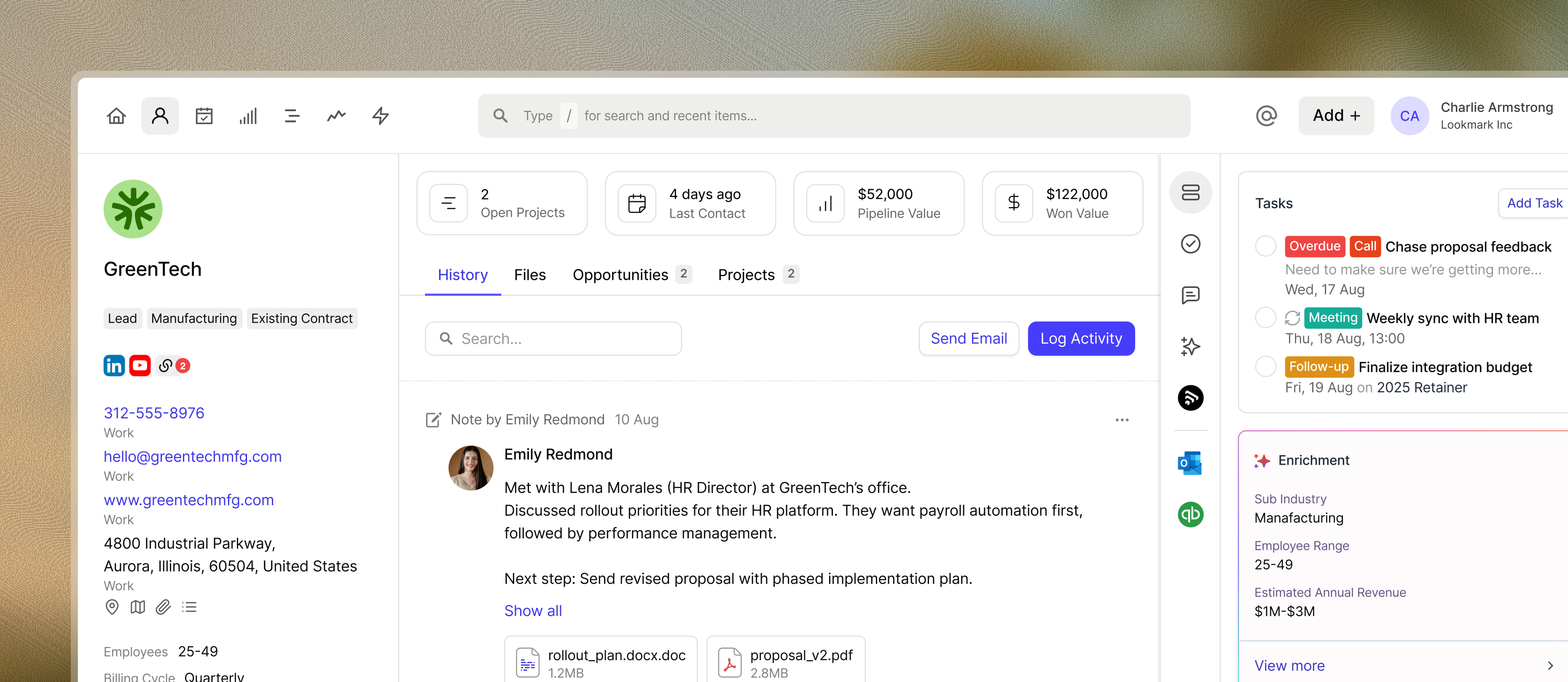 The Capsule CRM contact view shows customer details, contact information, and activity history for managing startup client relationships in one organized place.