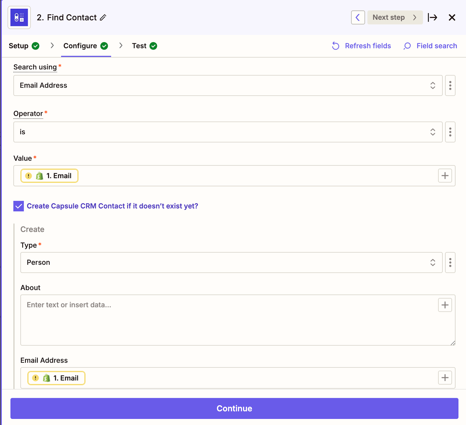 affichage de l'option ajouter un contact dans l'étape de recherche pour le modèle de zap Shopify