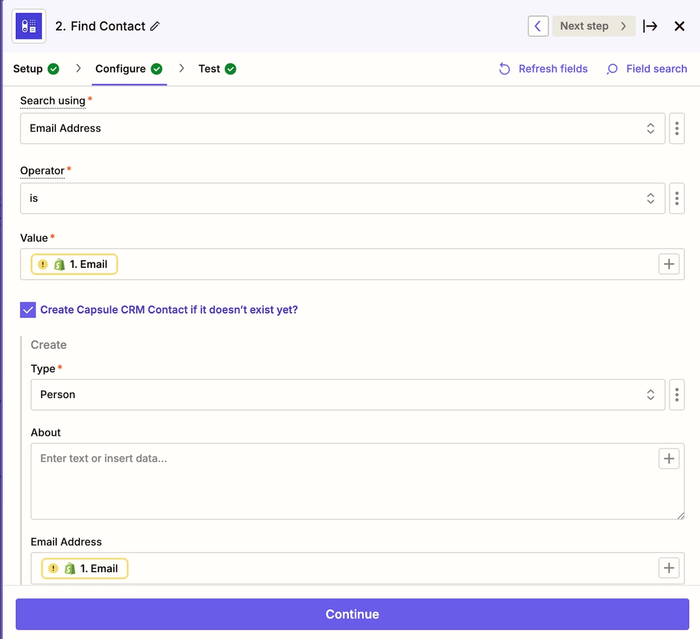 showing add contact option in find step for shopify zap template