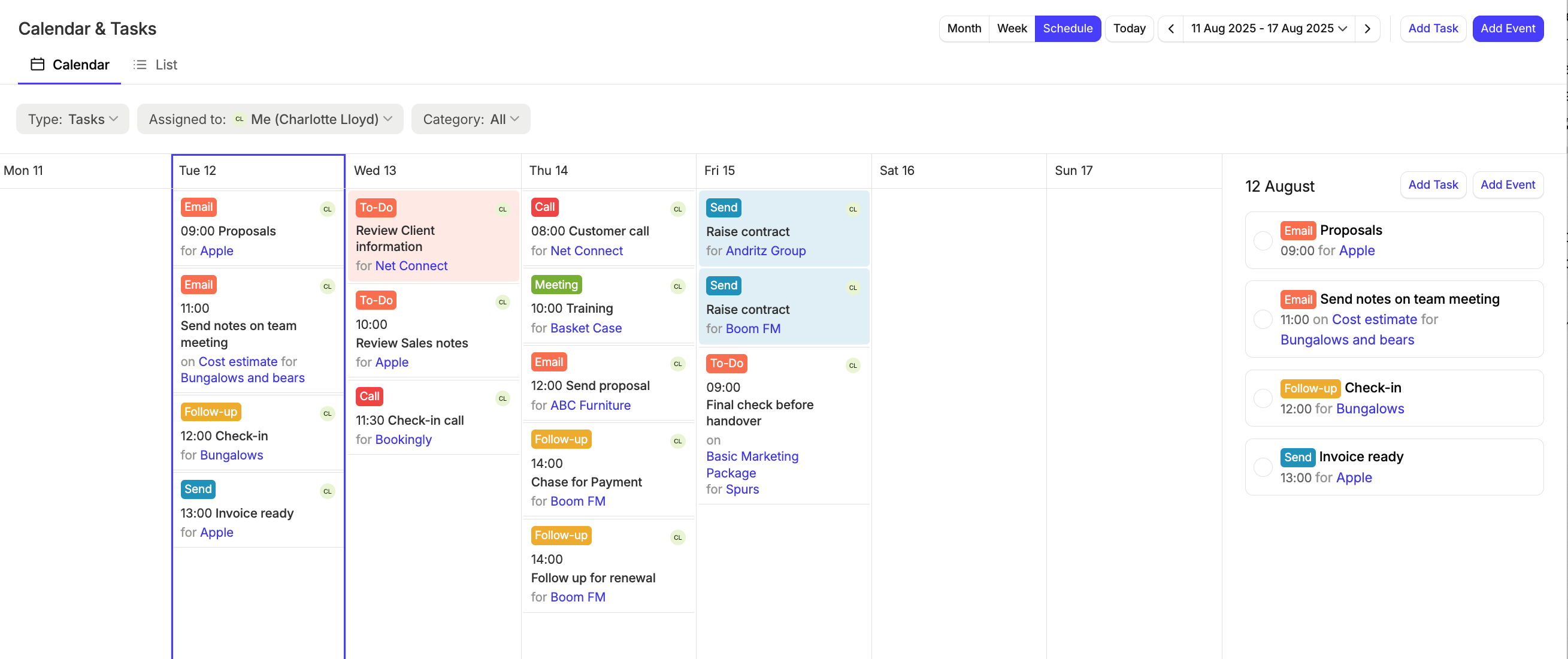 muestra la vista del calendario de programación sin bloqueos de tiempo para ver las tareas fácilmente
