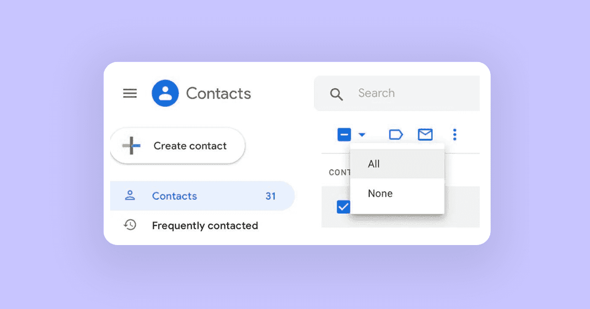 A screenshot shows the tickbox that appears when you hover the cursor over a contact in Google Contacts