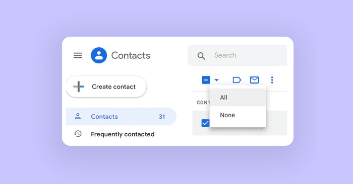 A screenshot shows the tickbox that appears when you hover the cursor over a contact in Google Contacts