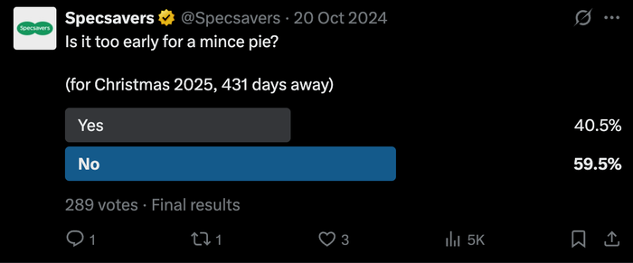 a screenshot of a specsavers survey asking if it is too early for a mince pie