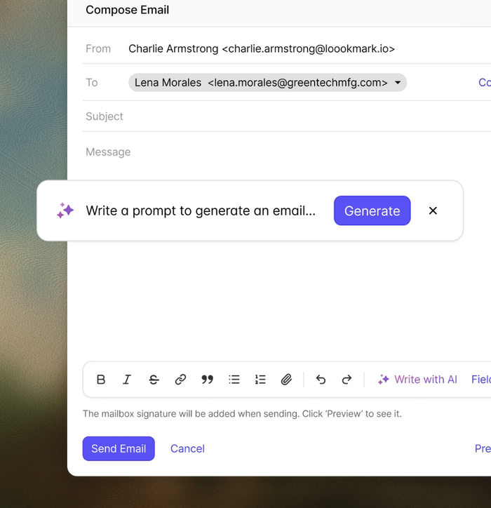 Email compose window with an AI prompt "Write a prompt to generate an email..." and a Generate button.