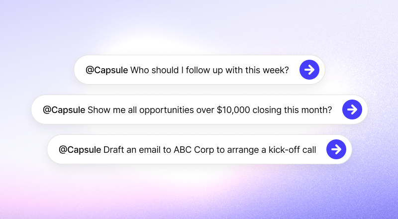A decorative image shows suggested ChatGPT prompts that use the Capsule CRM plugin: "Who should I follow up with?", "Show all opportunities over $10,000", and "Draft an email to ABC Corp".