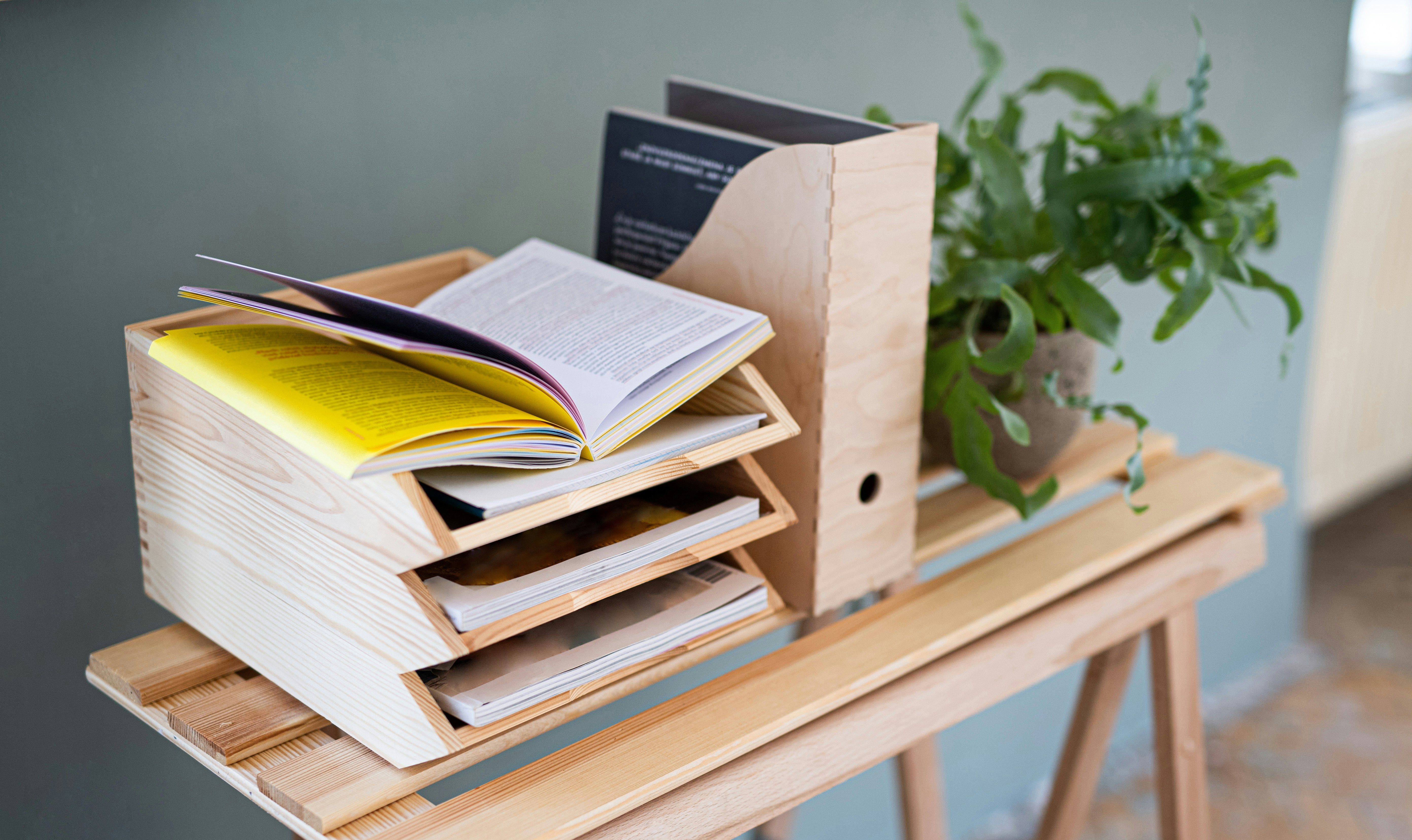 una bandeja de madera llena de libros y revistas está sobre una mesa de madera junto a una planta.