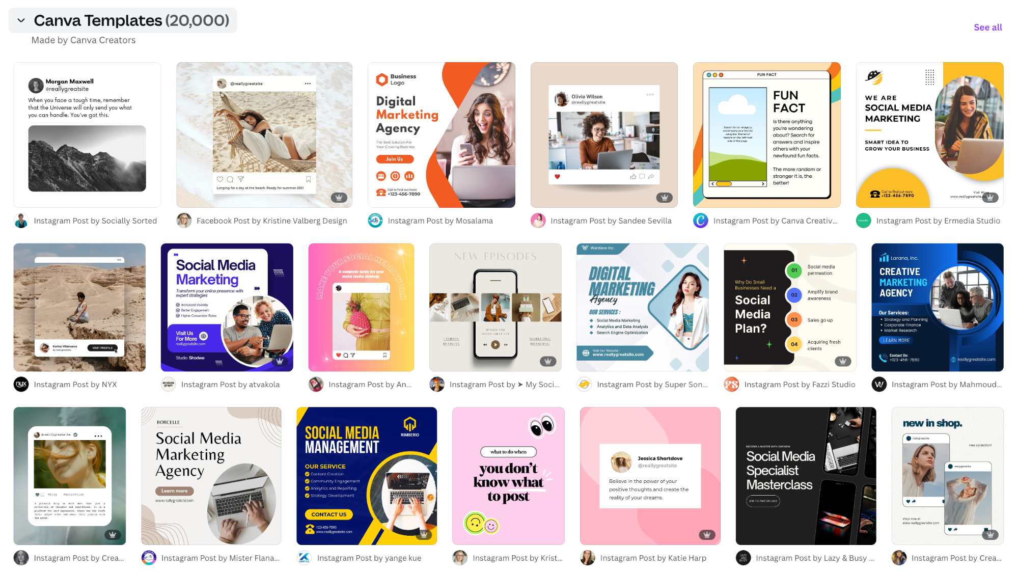 Social media marketing templates in Canva.
