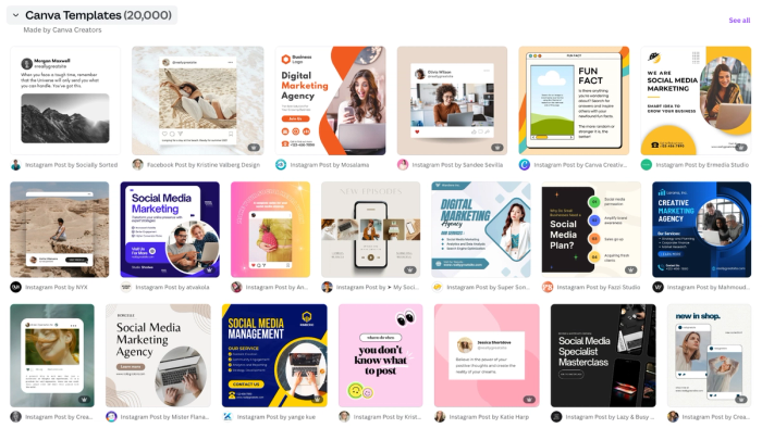 Social media marketing templates in Canva.