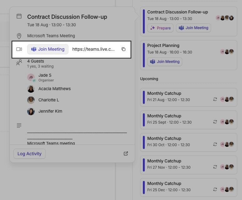 botón para unirse a la reunión al pasar el cursor sobre un evento asociado con un enlace de reunión de Zoom o Teams