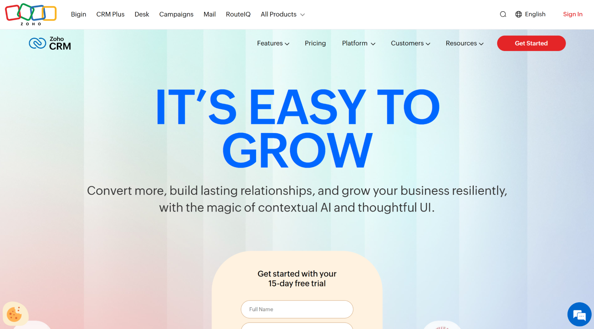 Zoho CRM website homepage featuring the headline "IT'S EASY TO GROW" and a free trial signup form.
