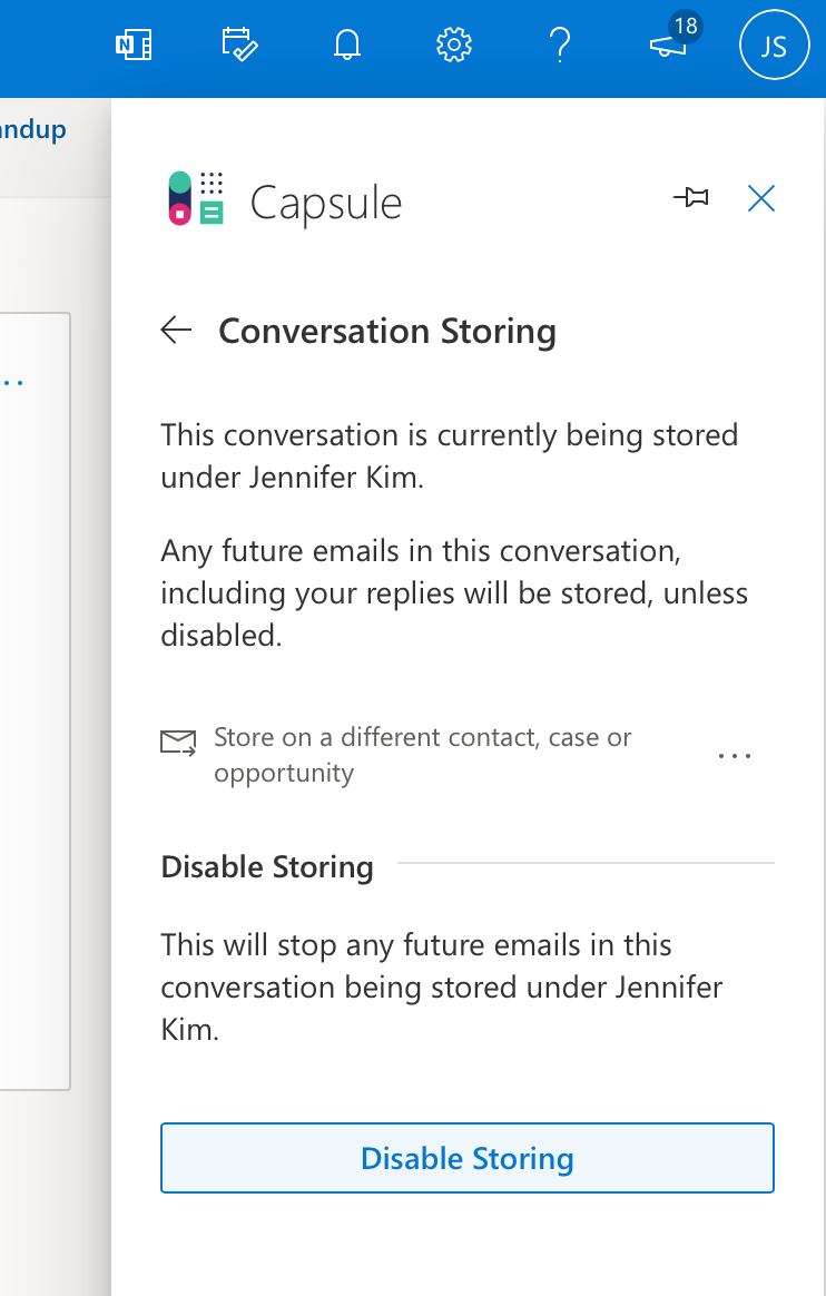 Complemento de Capsule para Outlook que muestra la opción de deshabilitar el almacenamiento de un correo electrónico