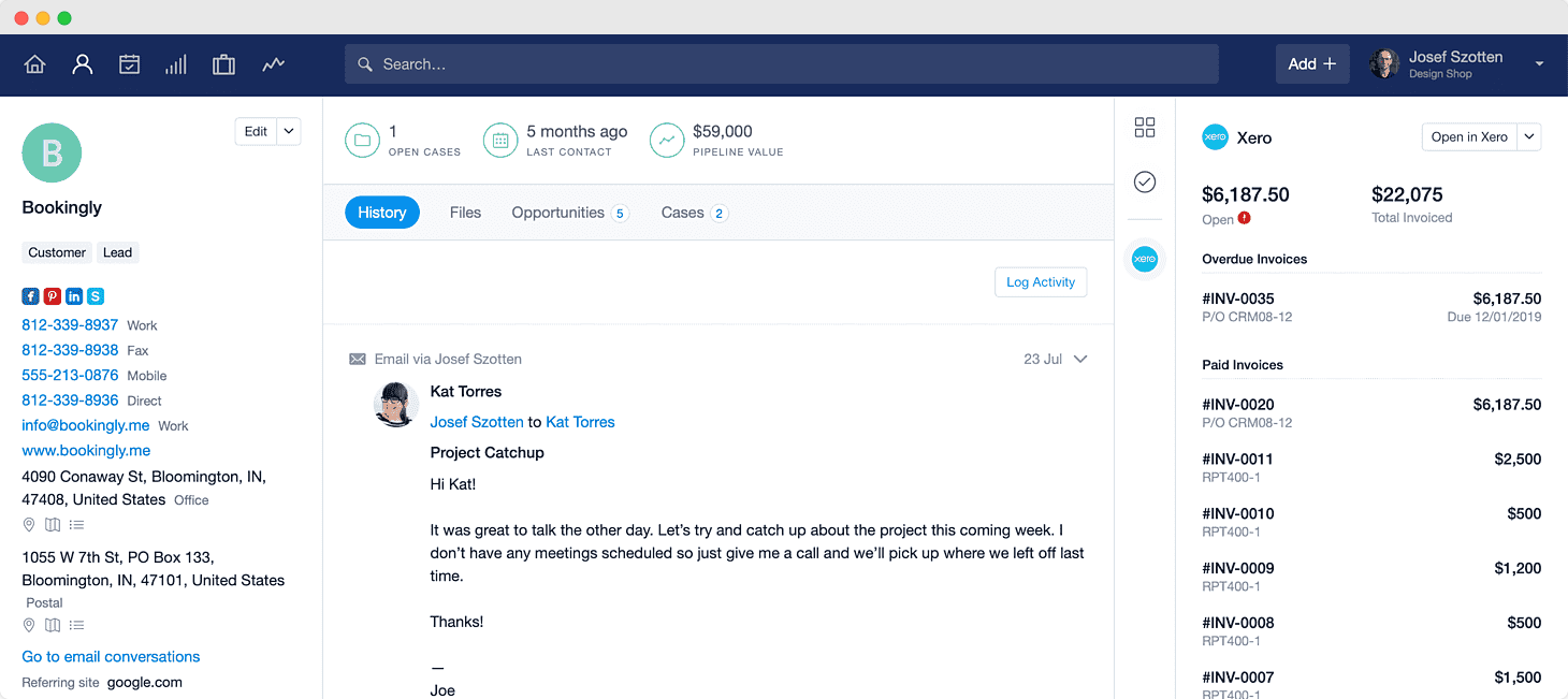 Capsule CRM interface showing contact details for Bookingly, communication history with Kat Torres, and an invoicing panel integrated with Xero showing open and paid invoices.
