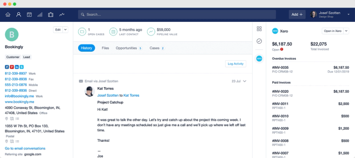 Capsule CRM interface showing contact details for Bookingly, communication history with Kat Torres, and an invoicing panel integrated with Xero showing open and paid invoices.