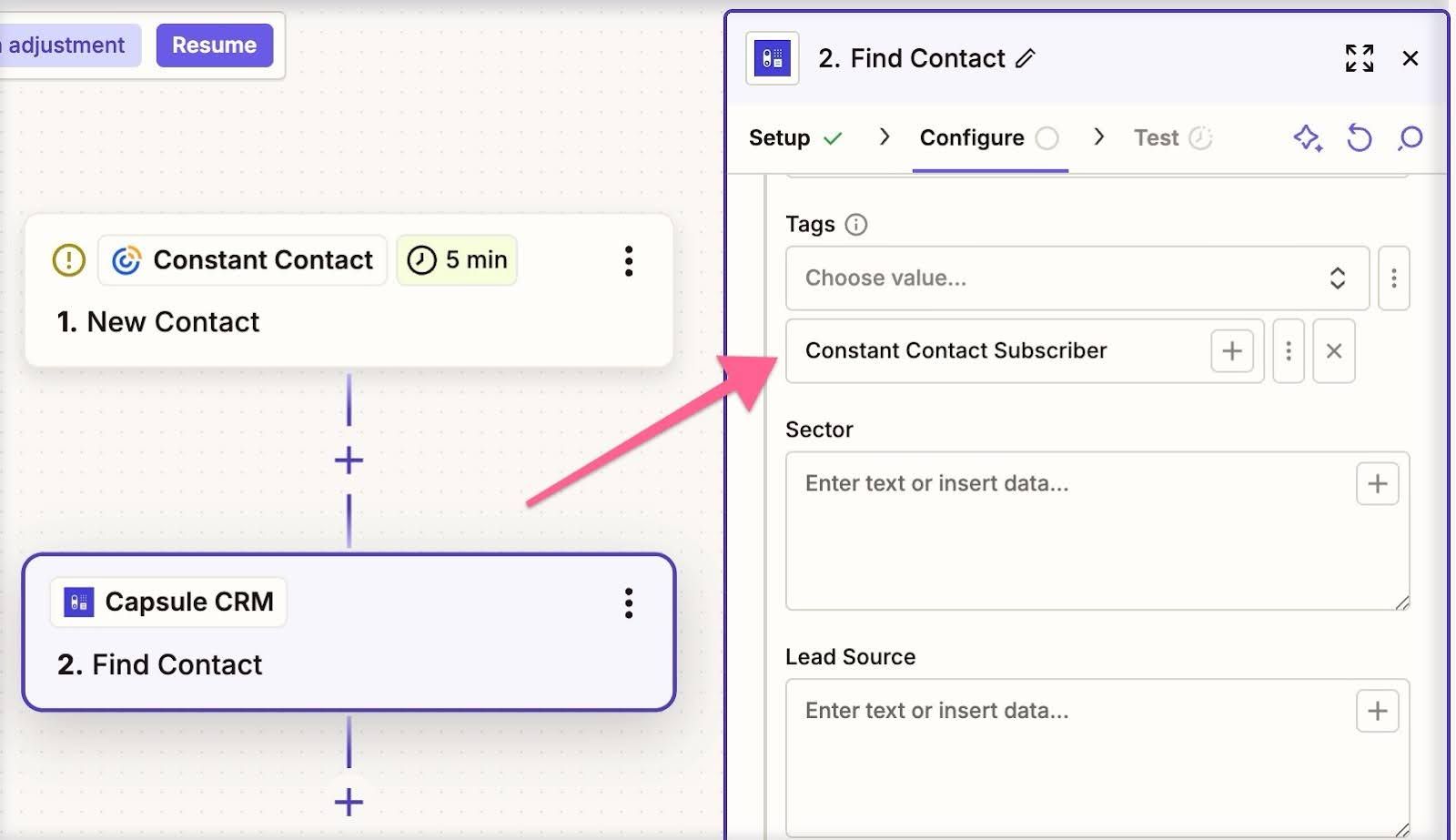 constant contact tag selected in zapier to add to capsule contact