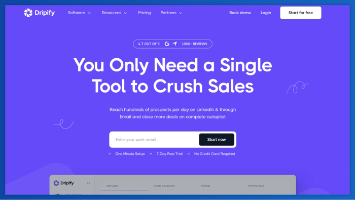 Dripify landing page featuring the headline "You Only Need a Single Tool to Crush Sales" and an email signup form.