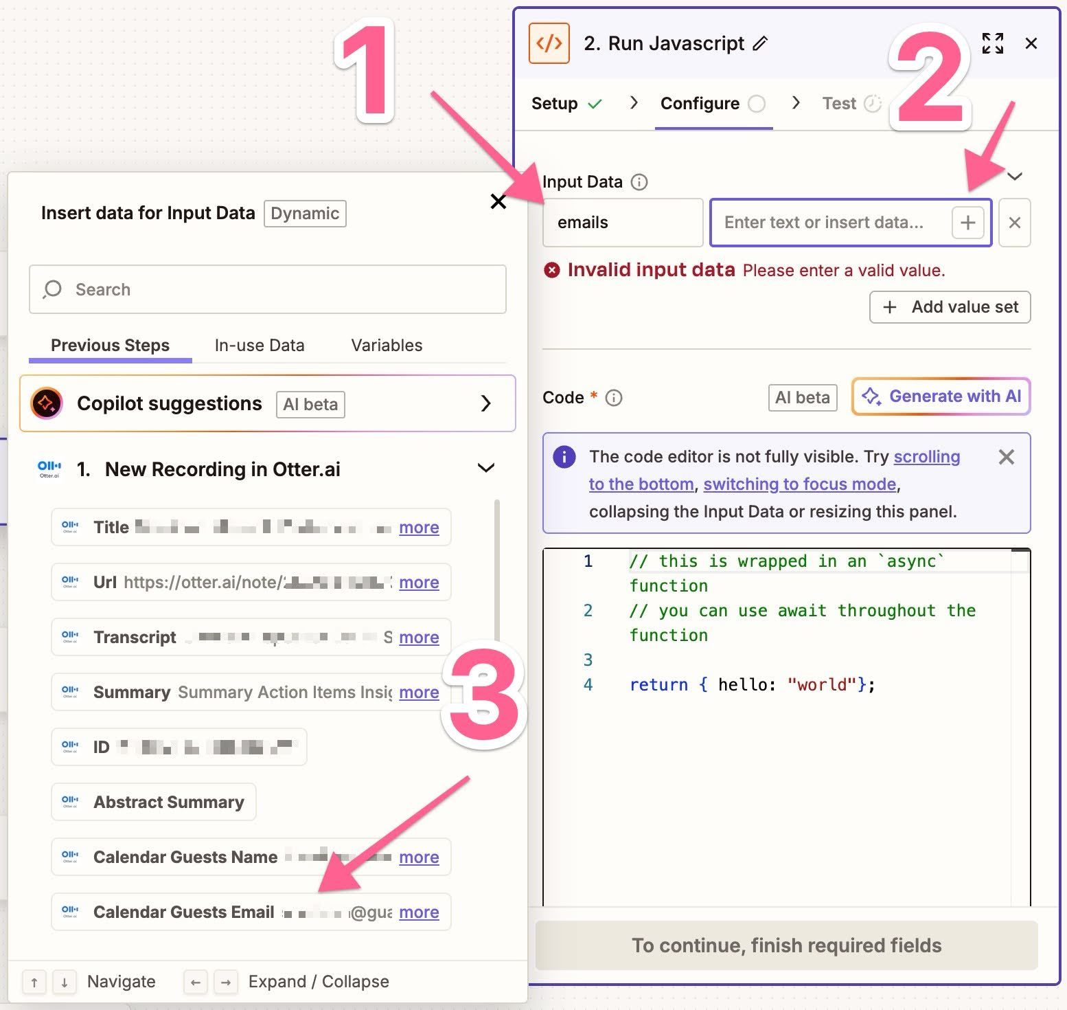 input data settings and otter.ai field highlighted in zapier code step configuration