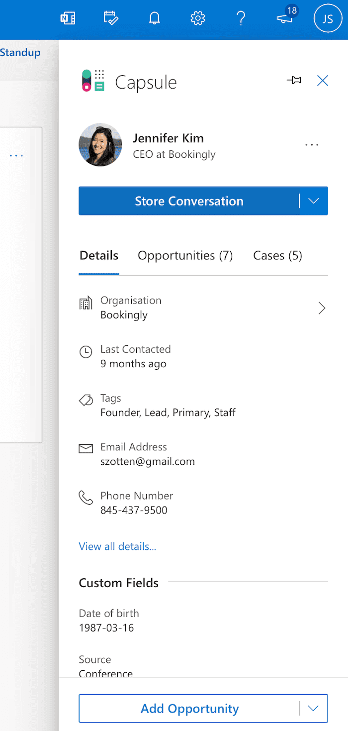 Complemento de Capsule para Outlook que muestra detalles de Capsule al visualizar un correo electrónico de un contacto que ya existe en tu cuenta de Capsule