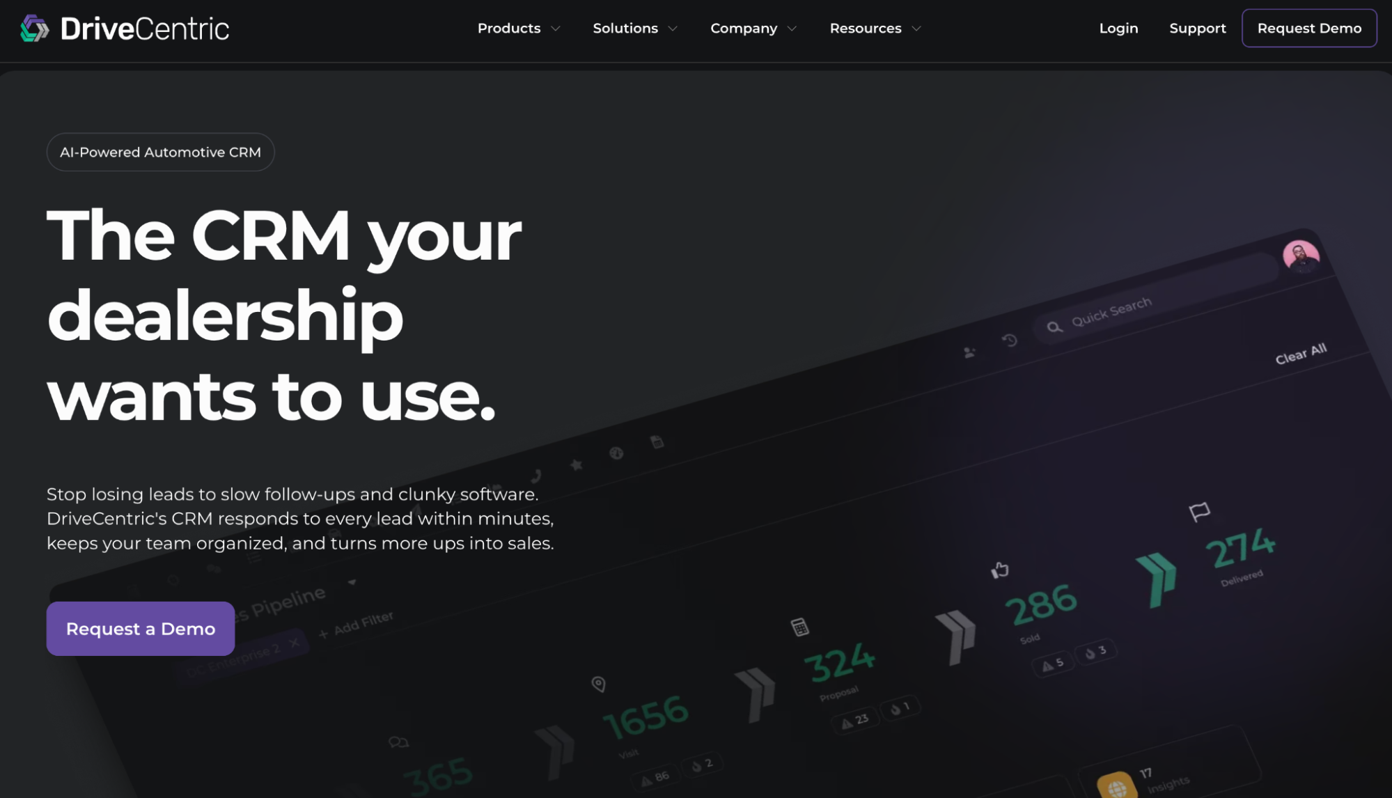 DriveCentric AI-powered automotive CRM website displaying a dashboard and the headline: "The CRM your dealership wants to use."